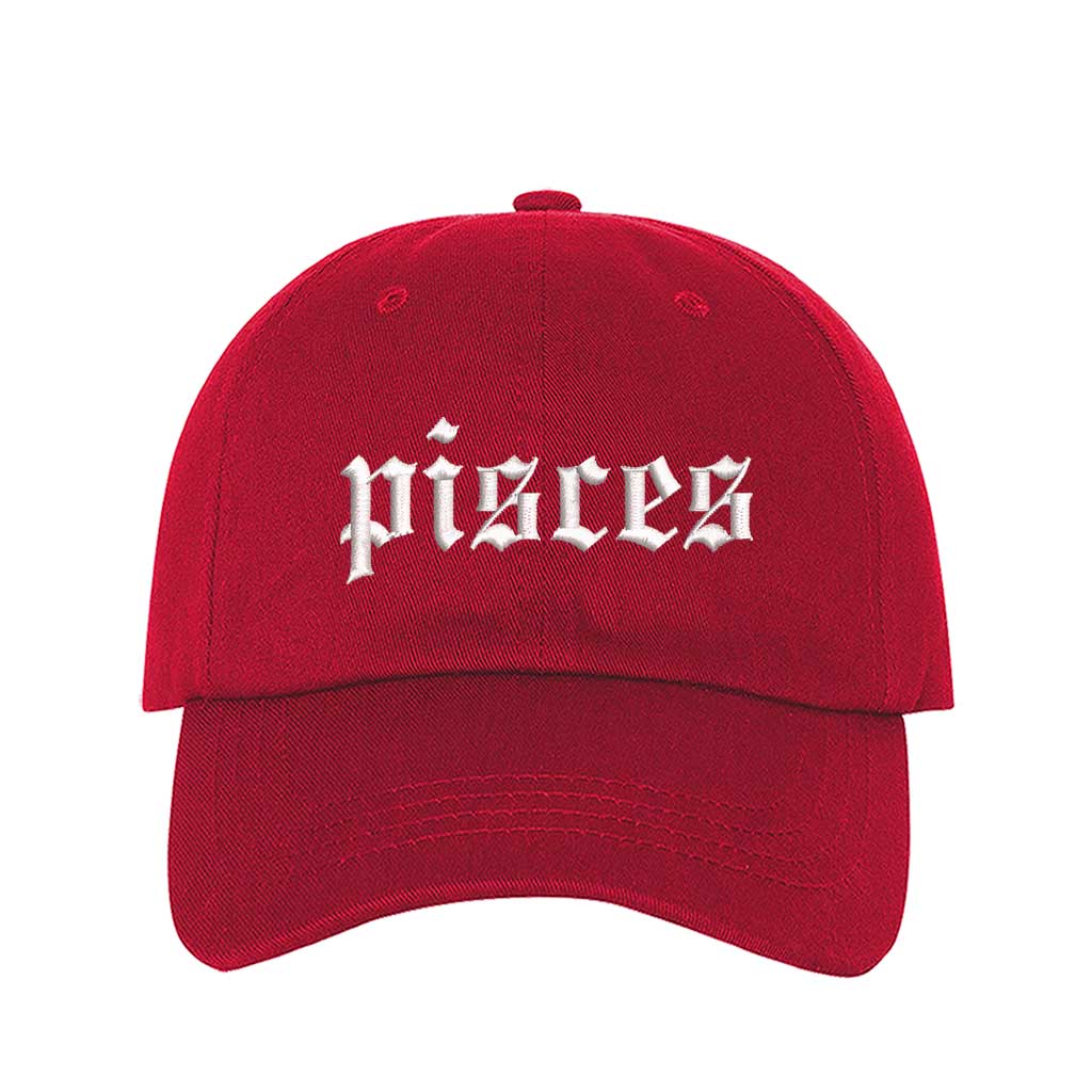 Red Pisces Zodiac Embroidered Baseball Hat featuring sharp white embroidery on a premium cotton crown; a sophisticated astrological statement piece by DSY Lifestyle.
