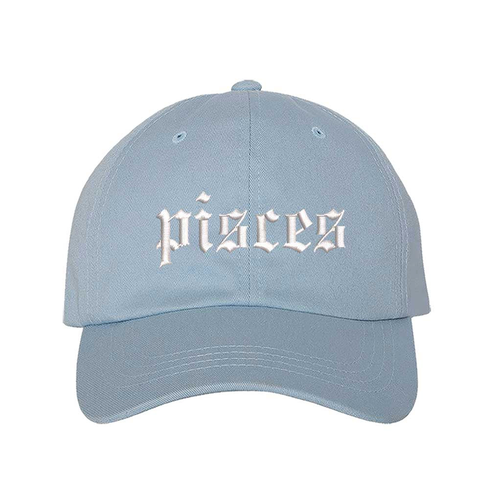 Sky Blue Pisces Zodiac Embroidered Baseball Hat featuring sharp white embroidery on a premium cotton crown; a sophisticated astrological statement piece by DSY Lifestyle.