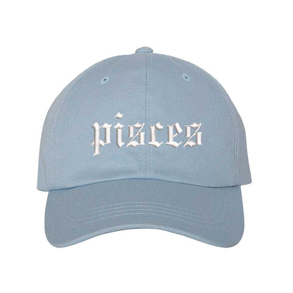 Sky Blue Pisces Zodiac Embroidered Baseball Hat featuring sharp white embroidery on a premium cotton crown; a sophisticated astrological statement piece by DSY Lifestyle.
