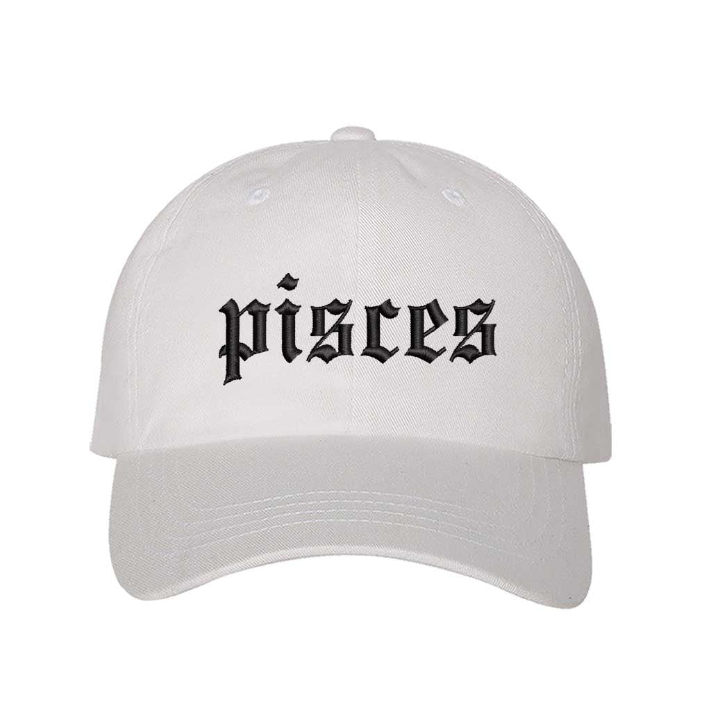 White Pisces Zodiac Embroidered Baseball Hat featuring sharp black embroidery on a premium cotton crown; a sophisticated astrological statement piece by DSY Lifestyle.