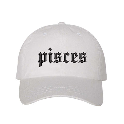 White Pisces Zodiac Embroidered Baseball Hat featuring sharp black embroidery on a premium cotton crown; a sophisticated astrological statement piece by DSY Lifestyle.
