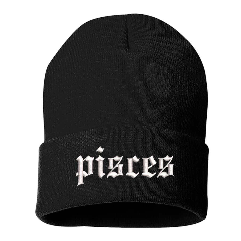 Black Front view of a cuffed knit beanie featuring the Pisces zodiac symbol in high-density embroidery on the center cuff. - DSY Lifestyle