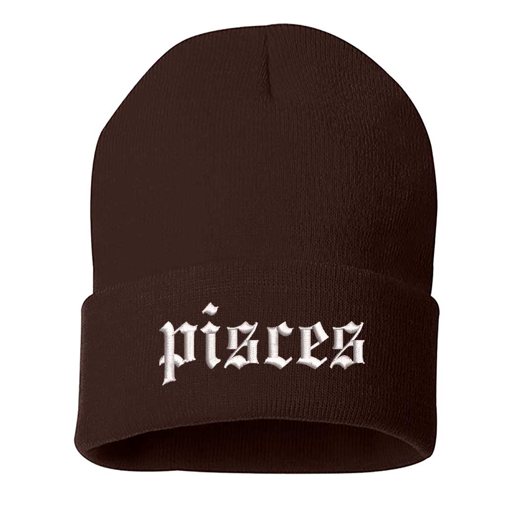 Brown Front view of a cuffed knit beanie featuring the Pisces zodiac symbol in high-density embroidery on the center cuff. - DSY Lifestyle