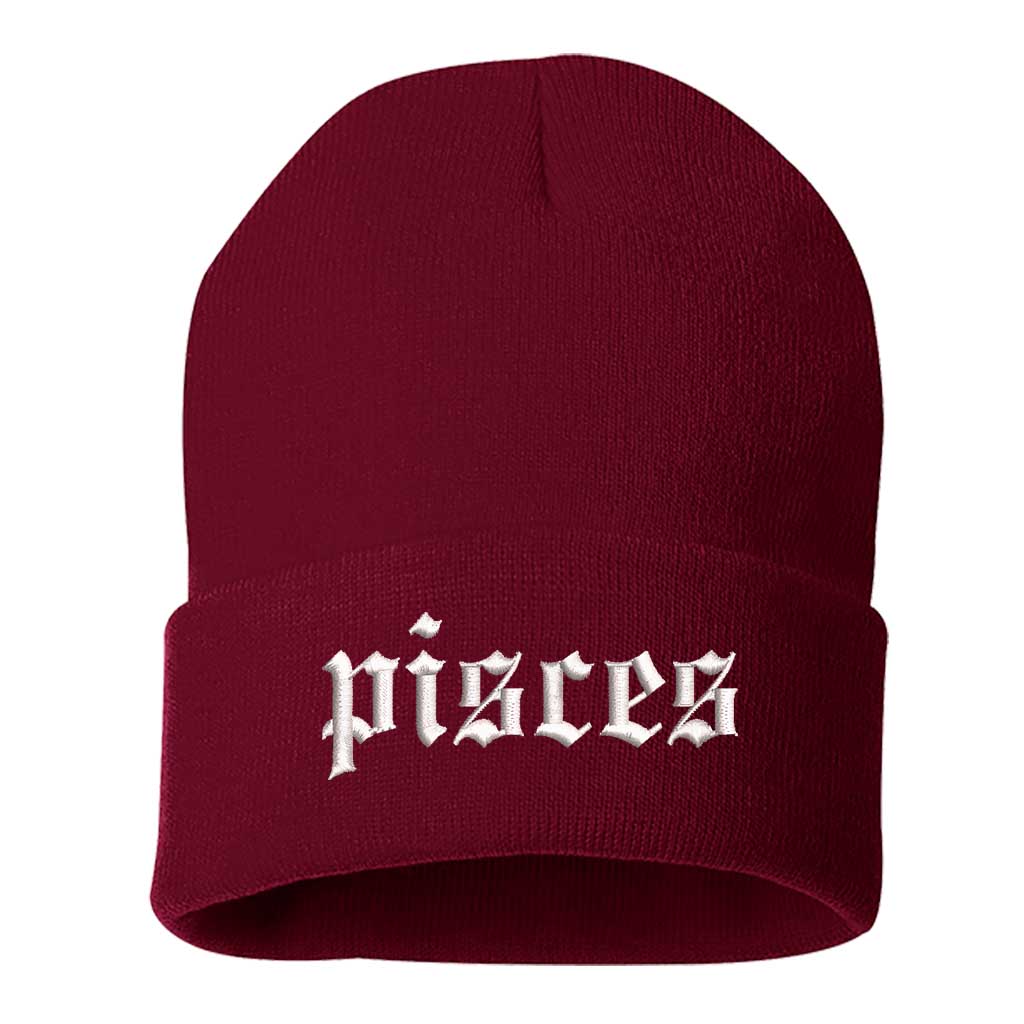 Burgundy Front view of a cuffed knit beanie featuring the Pisces zodiac symbol in high-density embroidery on the center cuff. - DSY Lifestyle