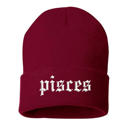 Burgundy Front view of a cuffed knit beanie featuring the Pisces zodiac symbol in high-density embroidery on the center cuff. - DSY Lifestyle