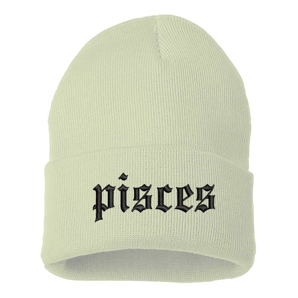 Cream Front view of a cuffed knit beanie featuring the Pisces zodiac symbol in high-density embroidery on the center cuff. - DSY Lifestyle