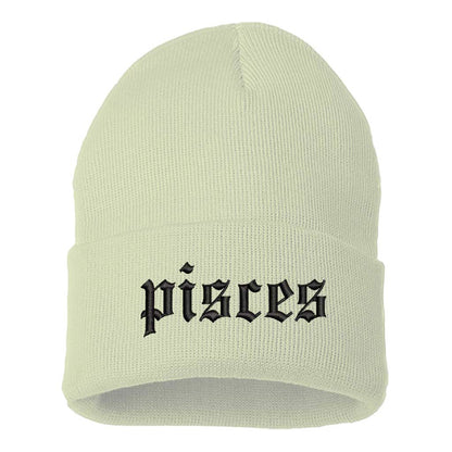Cream Front view of a cuffed knit beanie featuring the Pisces zodiac symbol in high-density embroidery on the center cuff. - DSY Lifestyle