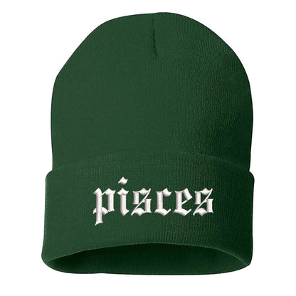 Forest Green Front view of a cuffed knit beanie featuring the Pisces zodiac symbol in high-density embroidery on the center cuff. - DSY Lifestyle