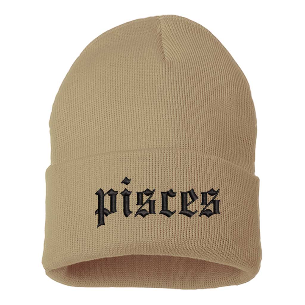 Khaki Front view of a cuffed knit beanie featuring the Pisces zodiac symbol in high-density embroidery on the center cuff. - DSY Lifestyle