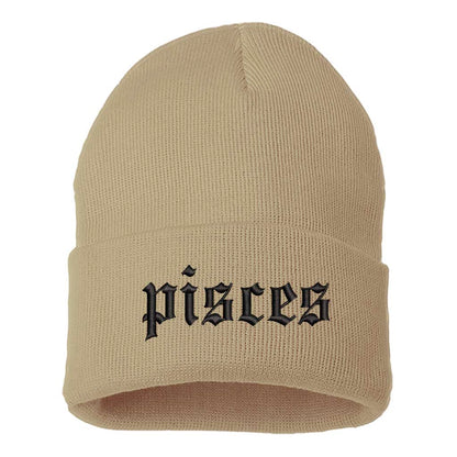 Khaki Front view of a cuffed knit beanie featuring the Pisces zodiac symbol in high-density embroidery on the center cuff. - DSY Lifestyle