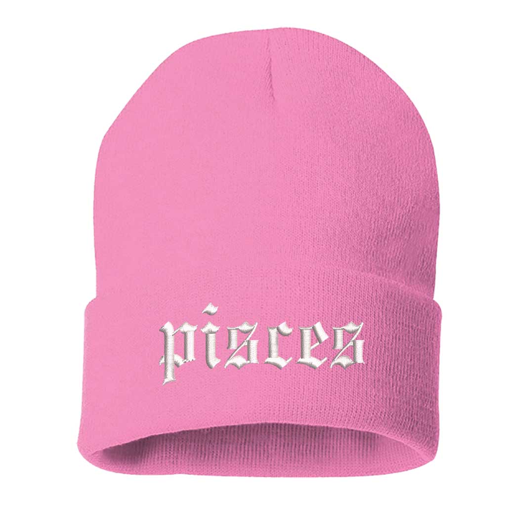 Light Pink Front view of a cuffed knit beanie featuring the Pisces zodiac symbol in high-density embroidery on the center cuff. - DSY Lifestyle
