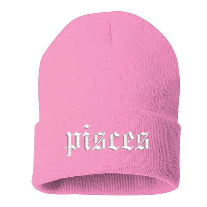 Light Pink Front view of a cuffed knit beanie featuring the Pisces zodiac symbol in high-density embroidery on the center cuff. - DSY Lifestyle