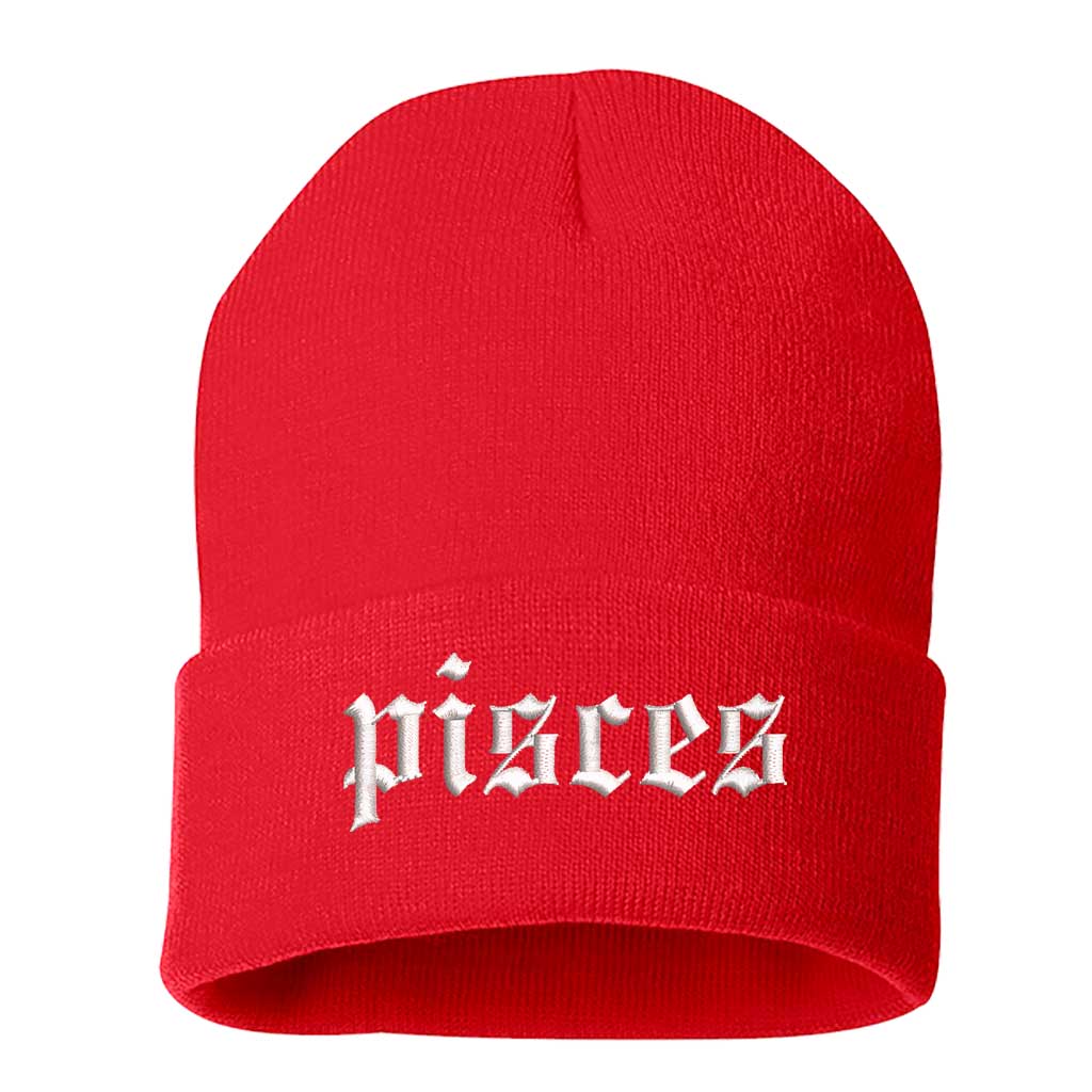 Red Front view of a cuffed knit beanie featuring the Pisces zodiac symbol in high-density embroidery on the center cuff. - DSY Lifestyle