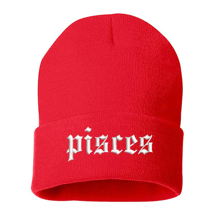 Red Front view of a cuffed knit beanie featuring the Pisces zodiac symbol in high-density embroidery on the center cuff. - DSY Lifestyle