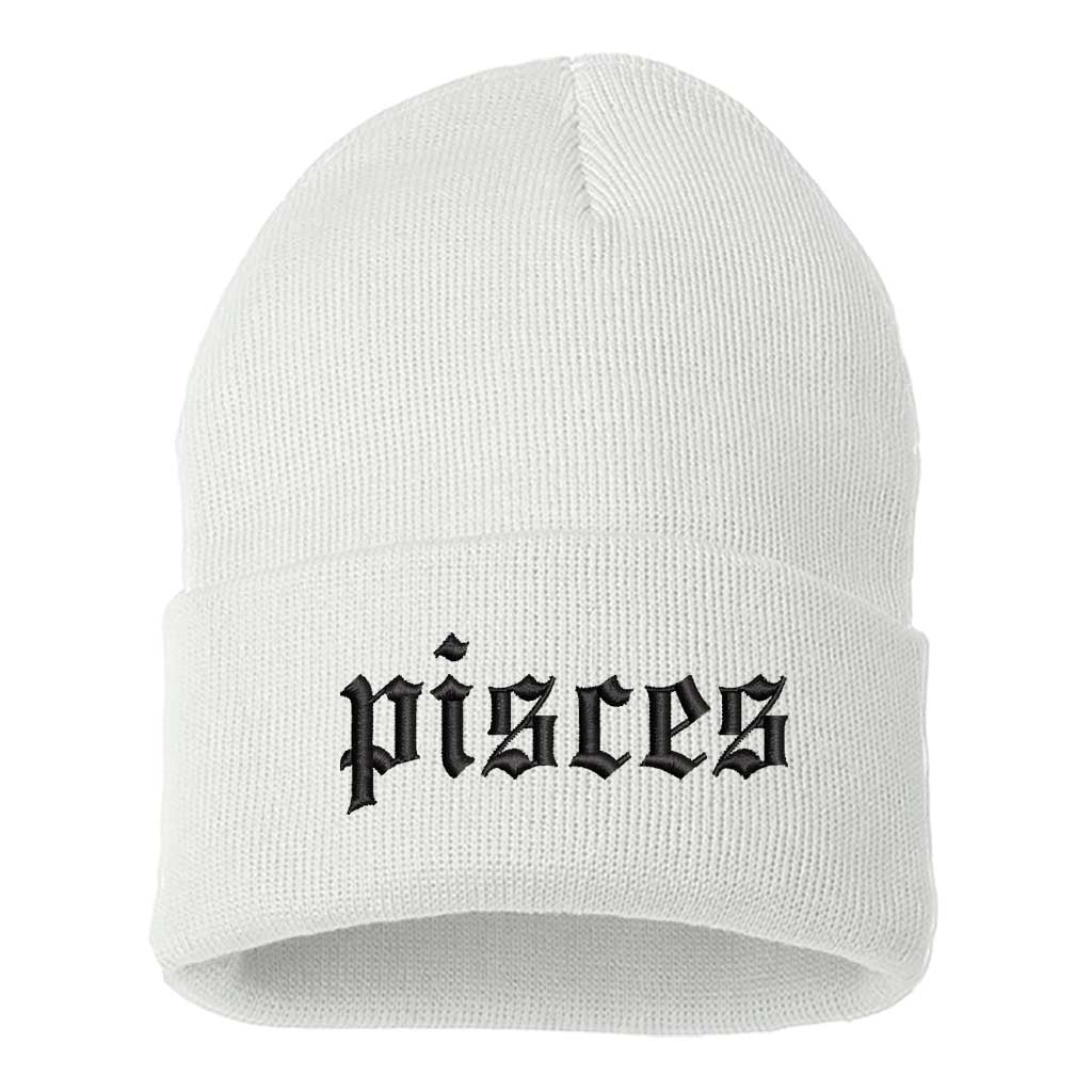 White Front view of a cuffed knit beanie featuring the Pisces zodiac symbol in high-density embroidery on the center cuff. - DSY Lifestyle