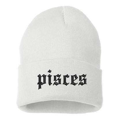 White Front view of a cuffed knit beanie featuring the Pisces zodiac symbol in high-density embroidery on the center cuff. - DSY Lifestyle