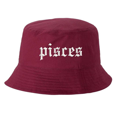 Burgundy Pisces Zodiac Embroidered Bucket Hat featuring sharp white embroidery on a premium cotton crown with a structured brim; a sophisticated astrological statement piece by DSY Lifestyle.
