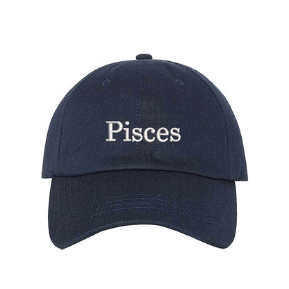 Navy Blue Pisces Zodiac Embroidered Baseball Hat featuring sharp white embroidery on a premium cotton crown; a sophisticated astrological statement piece by DSY Lifestyle.