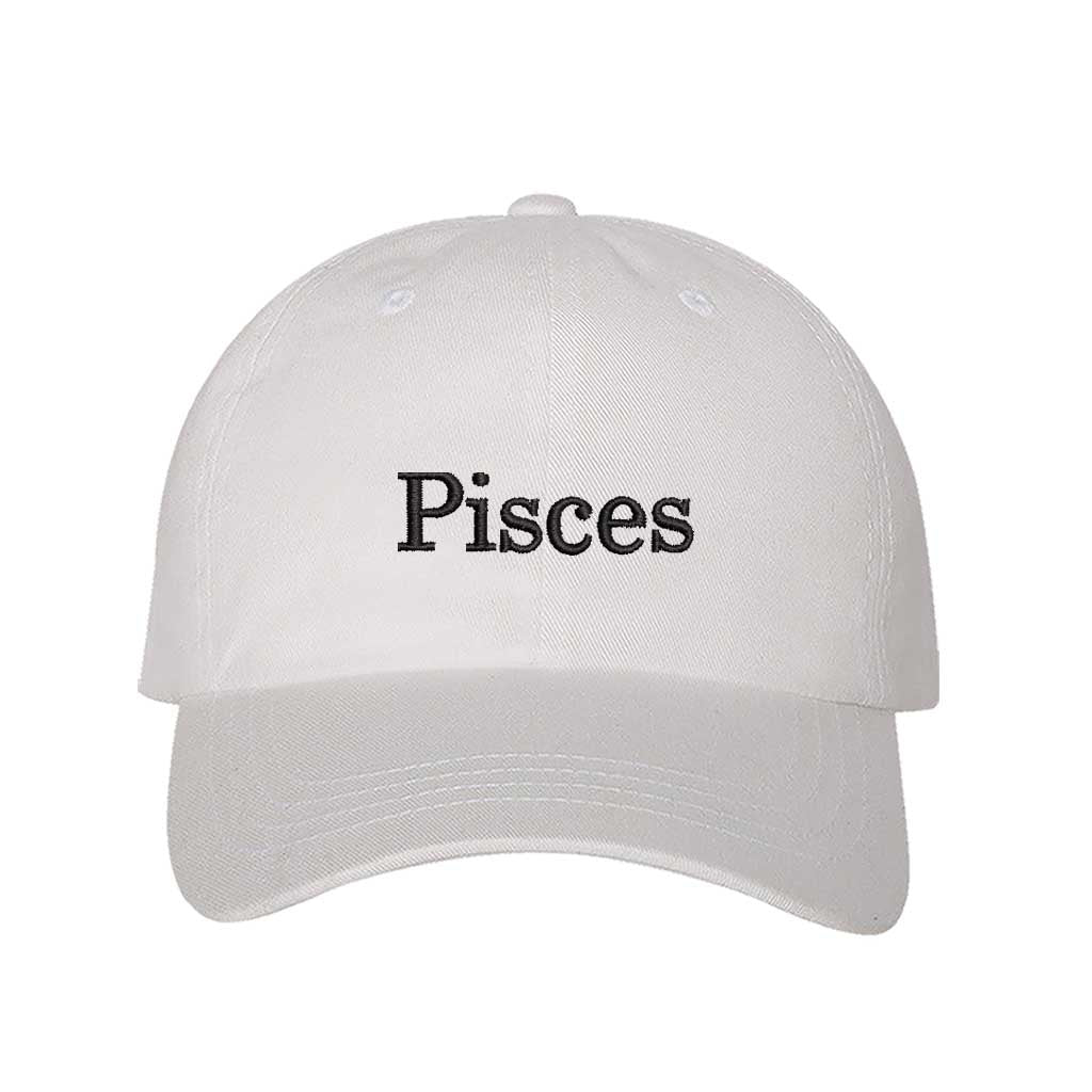 White Pisces Zodiac Embroidered Baseball Hat featuring sharp black embroidery on a premium cotton crown; a sophisticated astrological statement piece by DSY Lifestyle.