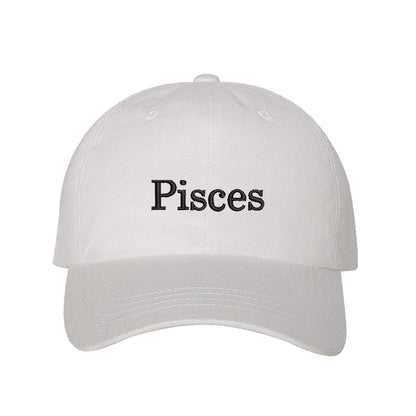 White Pisces Zodiac Embroidered Baseball Hat featuring sharp black embroidery on a premium cotton crown; a sophisticated astrological statement piece by DSY Lifestyle.