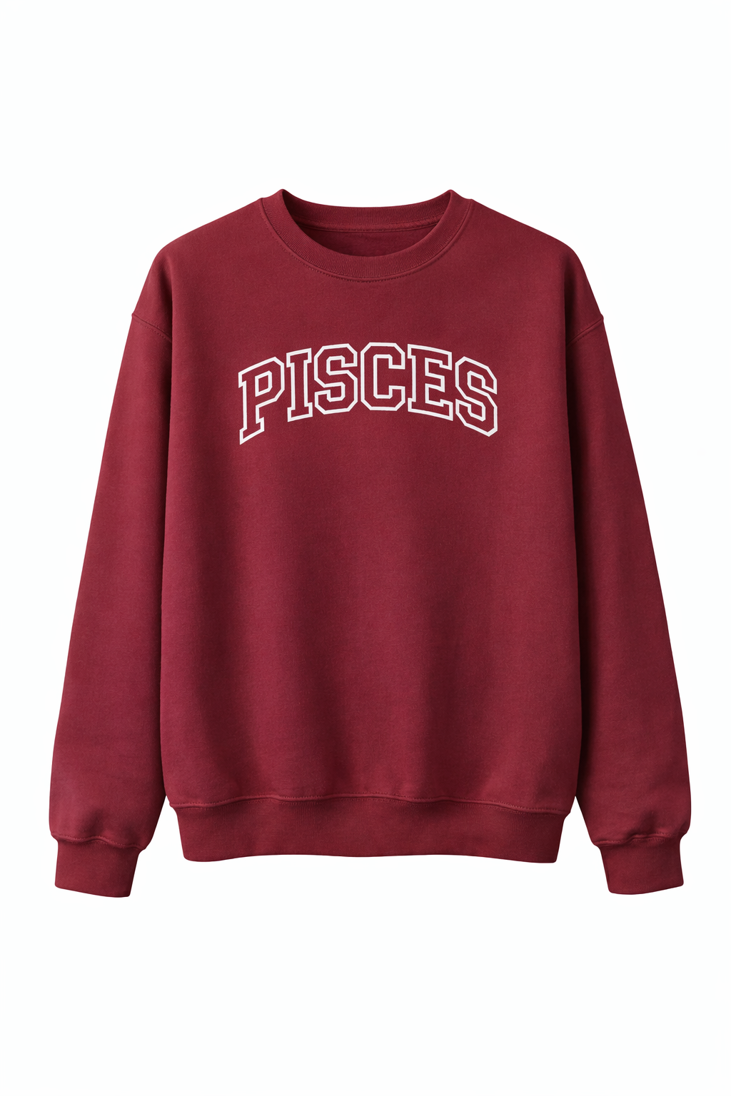 Maroon sweatshirt with embroidered PISCES text on a white background - DSY Lifestyle