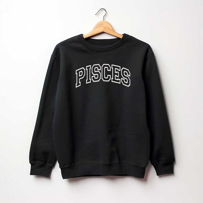 Black sweatshirt with embroidered PISCES text on a white background - DSY Lifestyle