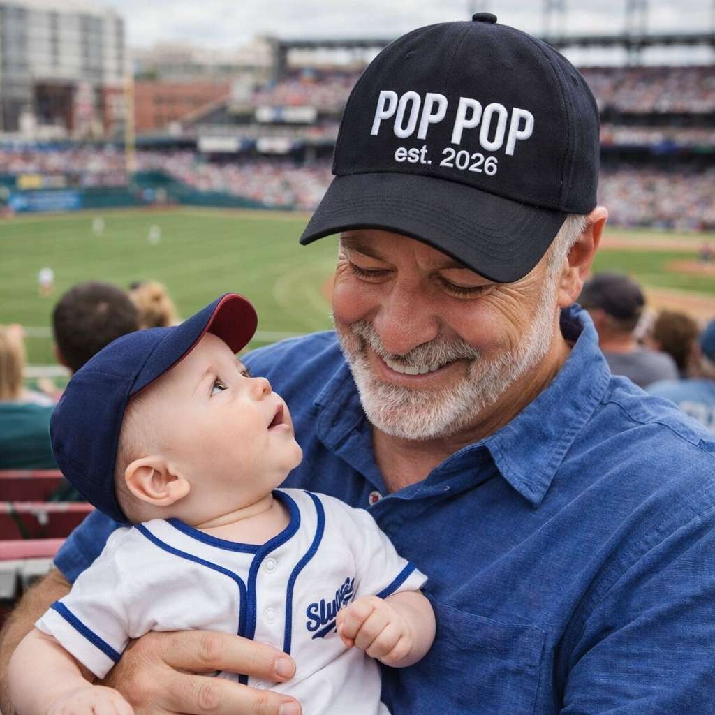 Handsome grandpa holding grandson wearing a Black Pop Pop Est. 2026 Baseball Hat featuring bold white embroidery on a premium dad cap; a stylish 2026 announcement gift for new grandfathers by DSY Lifestyle.