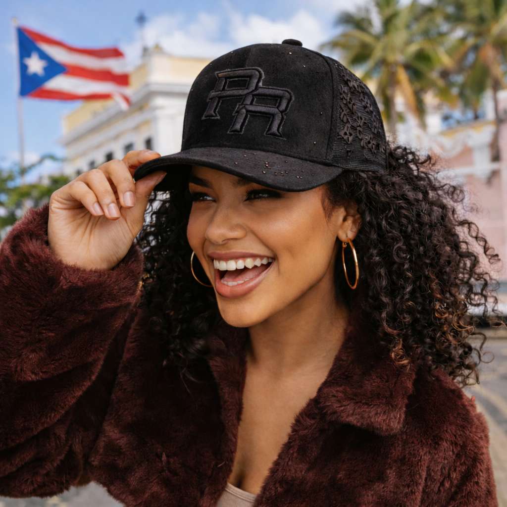 woman wearing Puerto Rico PR Rrhinestone trucker hat Puerto Rican streetwear cap DSY Lifestyle