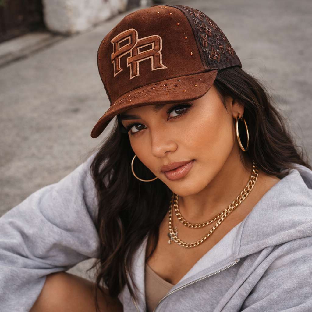 woman wearing brown Puerto Rico PR rhinestone trucker hat Puerto Rican streetwear cap