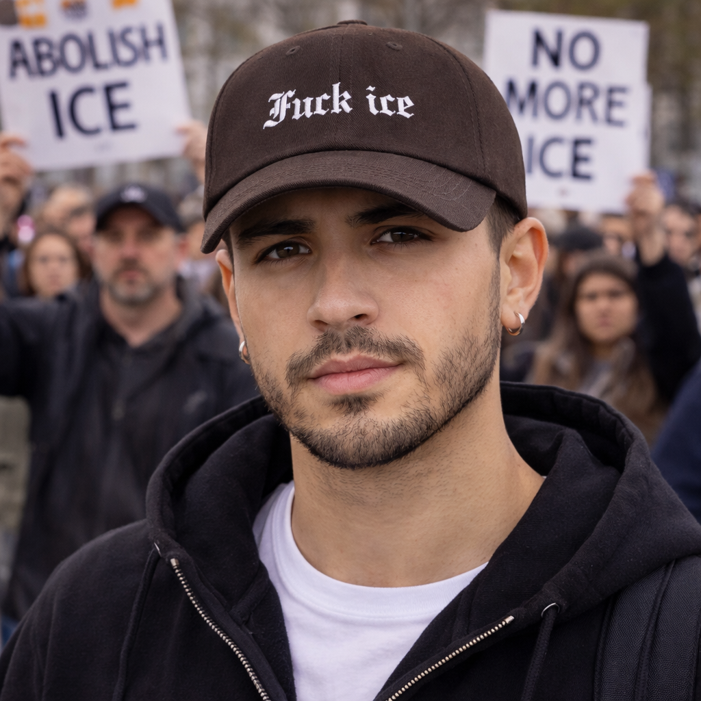 Protestor with focused expression and message wearing Brown Fuck Ice Old English Baseball Hat featuring bold Gothic embroidery on a classic dad cap; a high-impact statement piece by DSY Lifestyle.