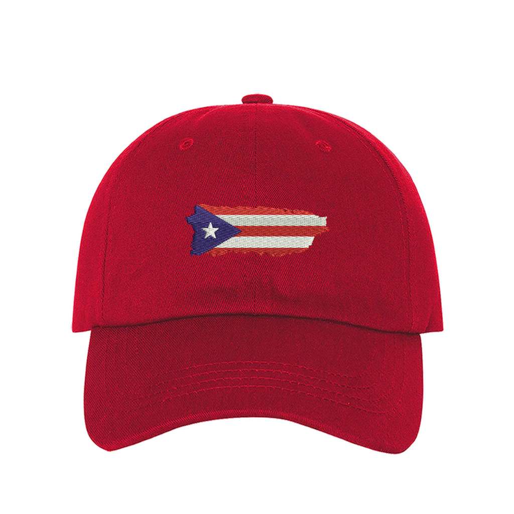 Red baseball hat embroidered with a map in the shape of Puerto Rico Island - DSY Lifestyle