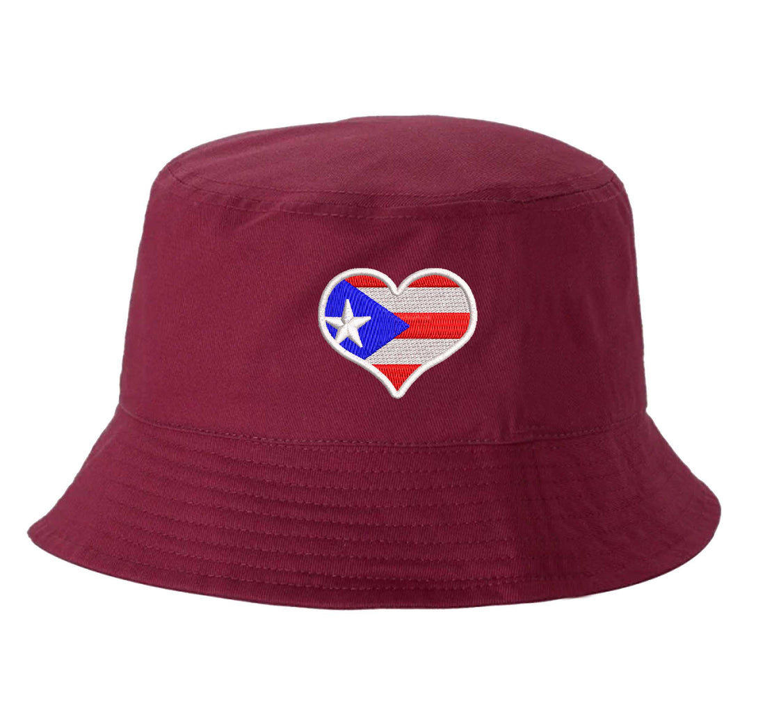 Burgundy DSY Lifestyle bucket hat featuring a detailed embroidered heart shaped like the Puerto Rican flag centered on the front. - DSY Lifestyle