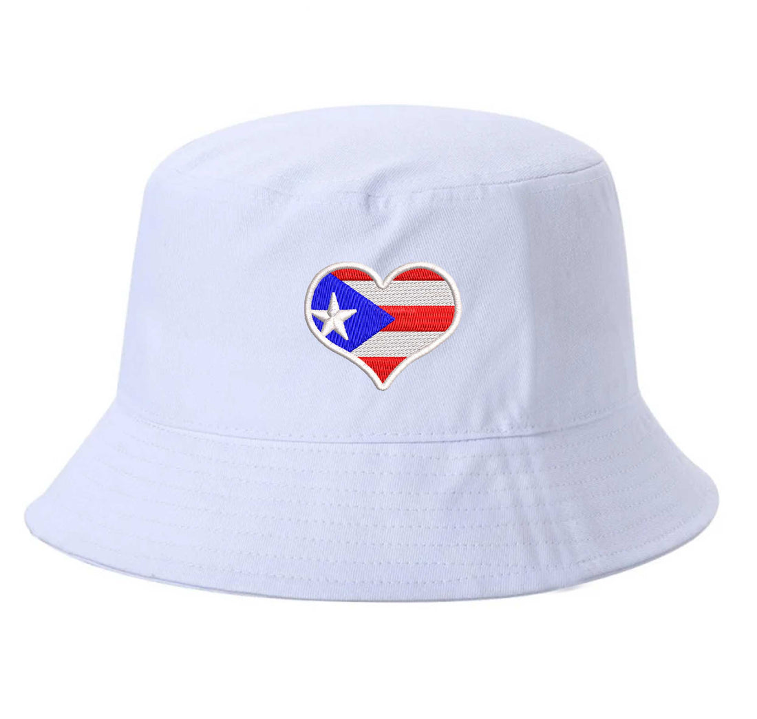 White DSY Lifestyle bucket hat featuring a detailed embroidered heart shaped like the Puerto Rican flag centered on the front. - DSY Lifestyle