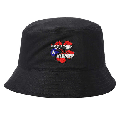 Black DSY Lifestyle bucket hat with a detailed embroidered red Amapola (Hibiscus) flower centered on the front. - DSY Lifestyle