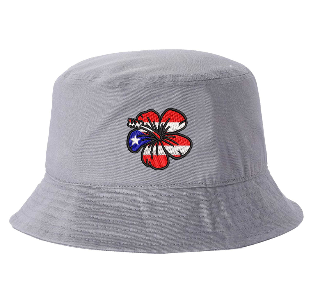 White DSY Lifestyle bucket hat with a detailed embroidered red Amapola (Hibiscus) flower centered on the front. - DSY Lifestyle