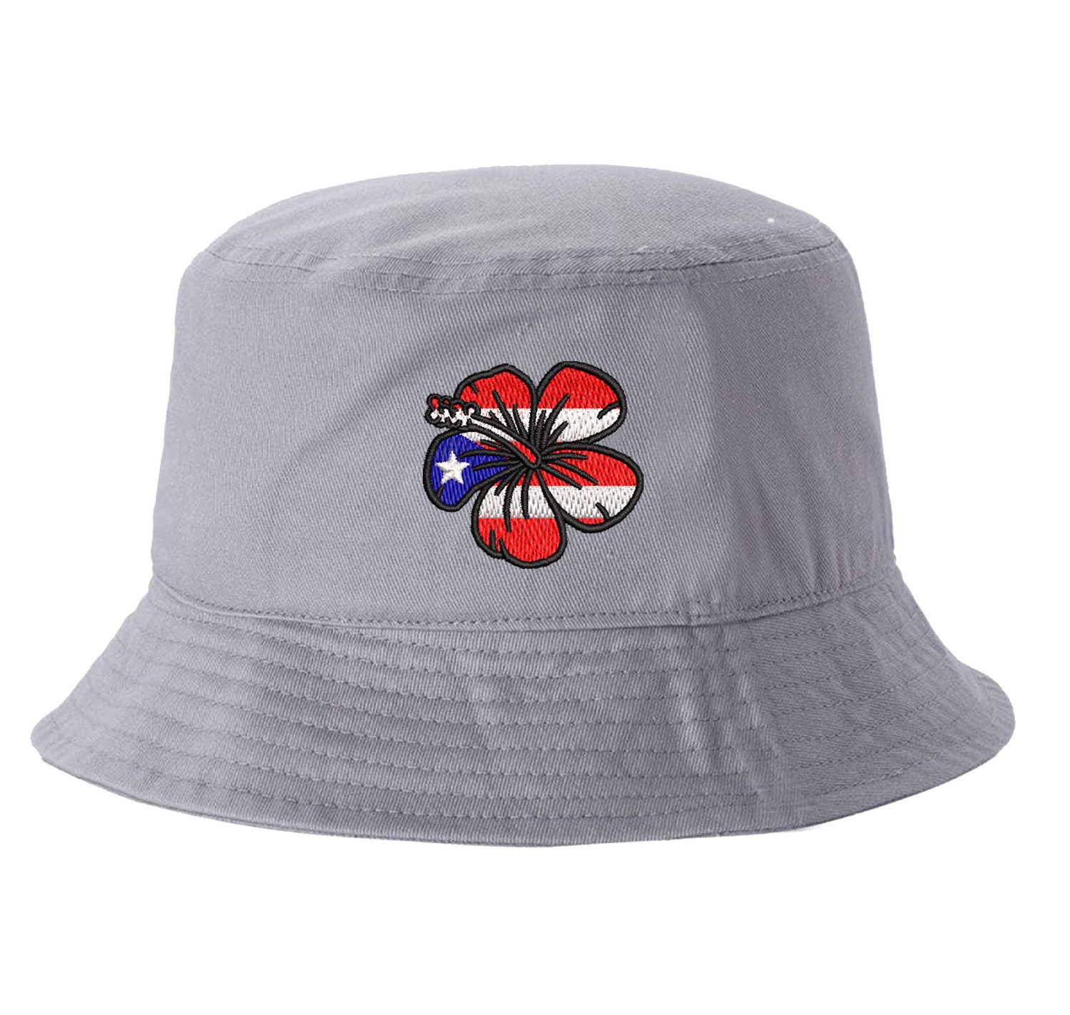 White DSY Lifestyle bucket hat with a detailed embroidered red Amapola (Hibiscus) flower centered on the front. - DSY Lifestyle