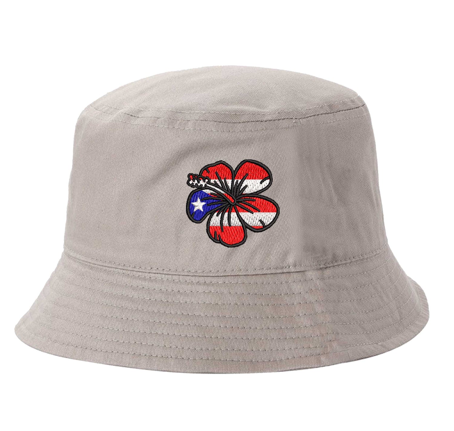 Khaki DSY Lifestyle bucket hat with a detailed embroidered red Amapola (Hibiscus) flower centered on the front. - DSY Lifestyle