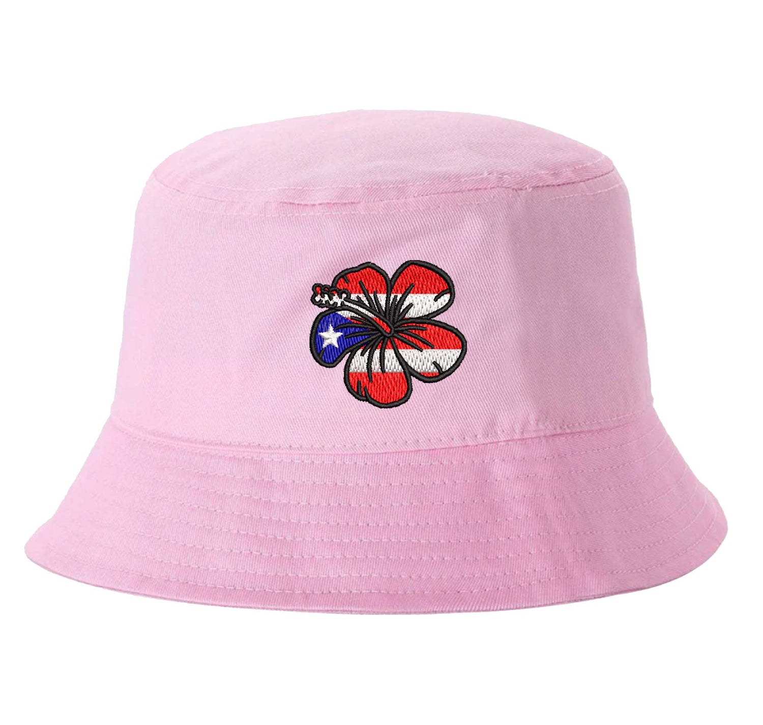 Pink DSY Lifestyle bucket hat with a detailed embroidered red Amapola (Hibiscus) flower centered on the front. - DSY Lifestyle