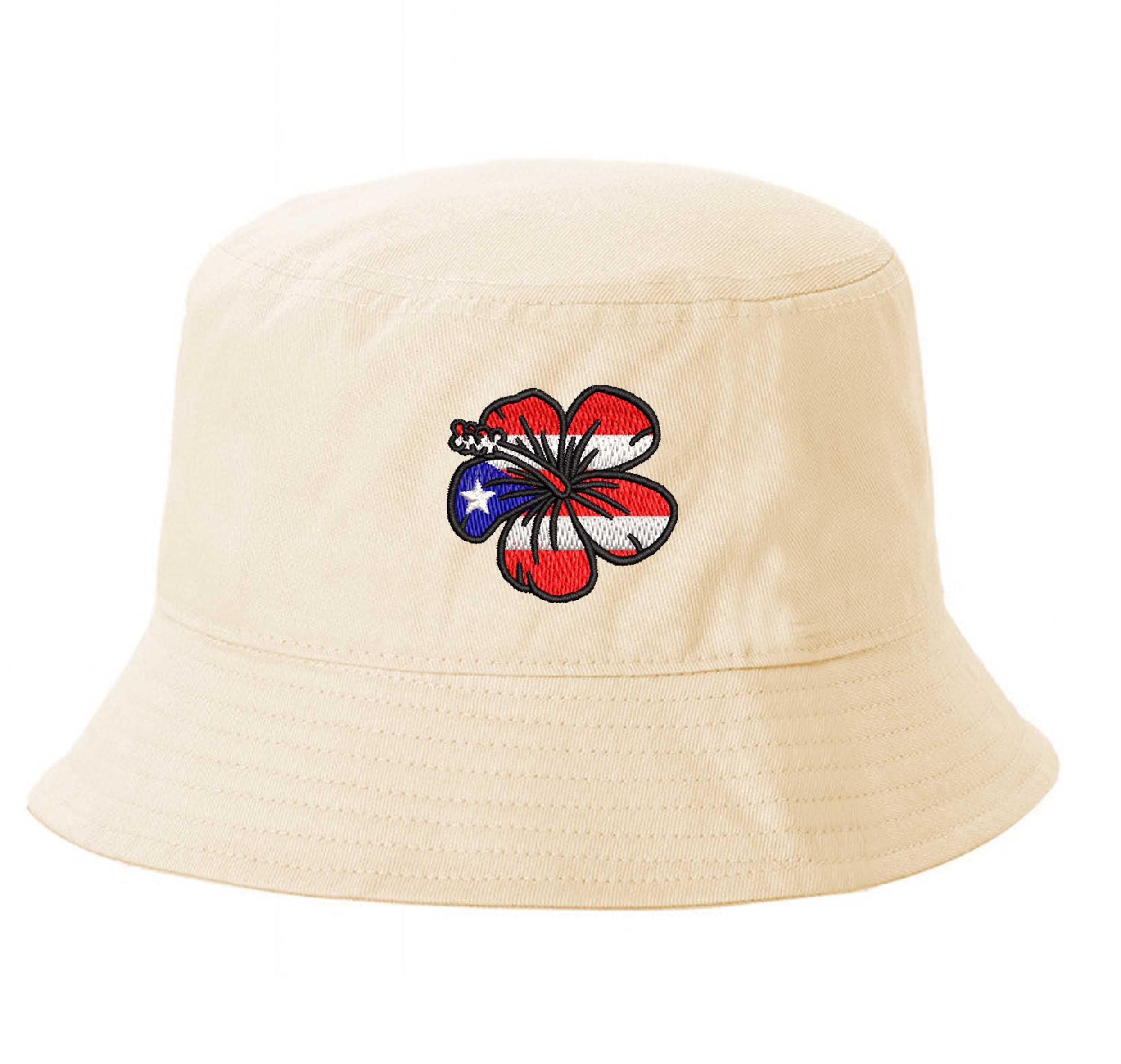 Stone DSY Lifestyle bucket hat with a detailed embroidered red Amapola (Hibiscus) flower centered on the front. - DSY Lifestyle
