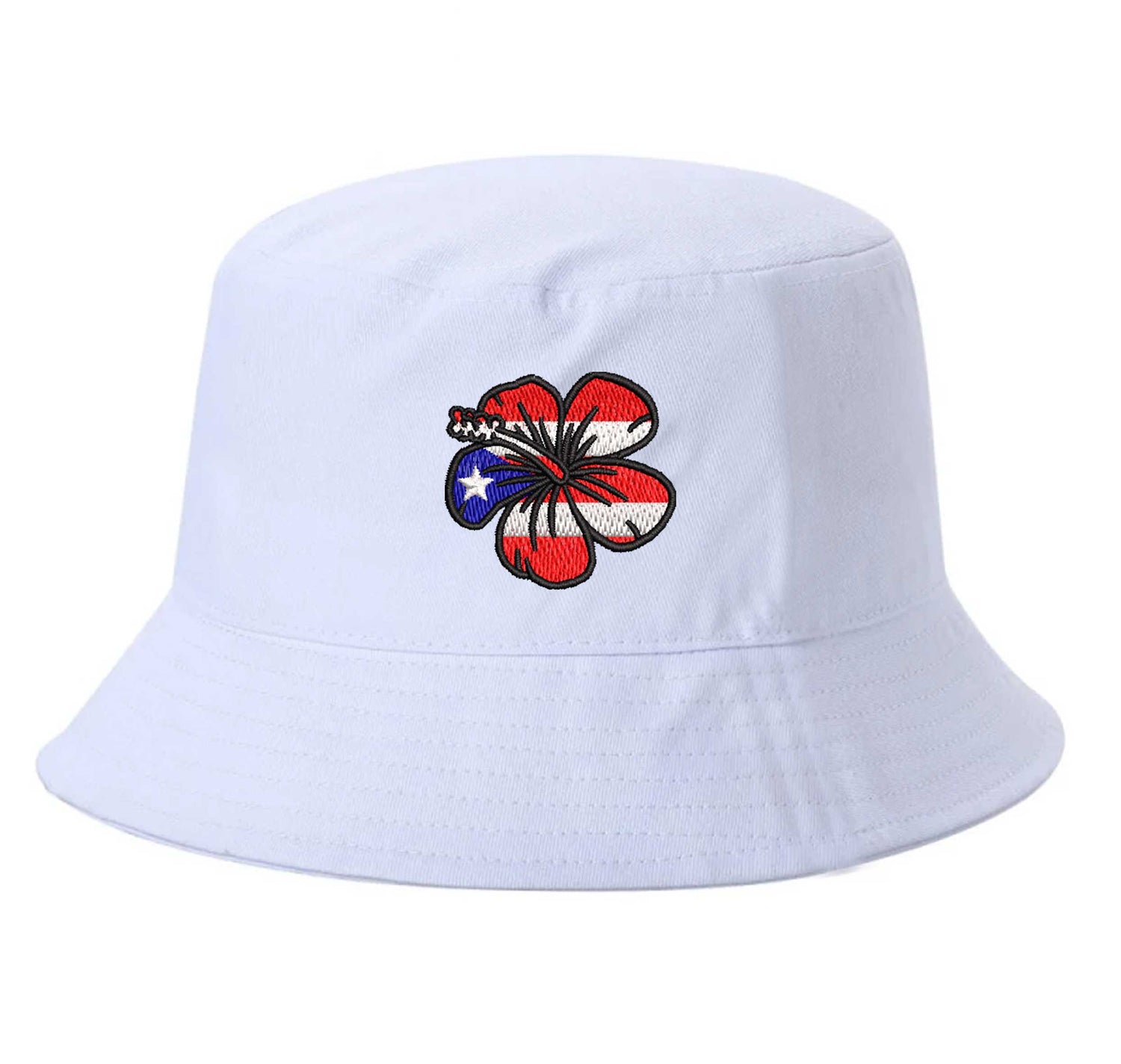 White DSY Lifestyle bucket hat with a detailed embroidered red Amapola (Hibiscus) flower centered on the front. - DSY Lifestyle