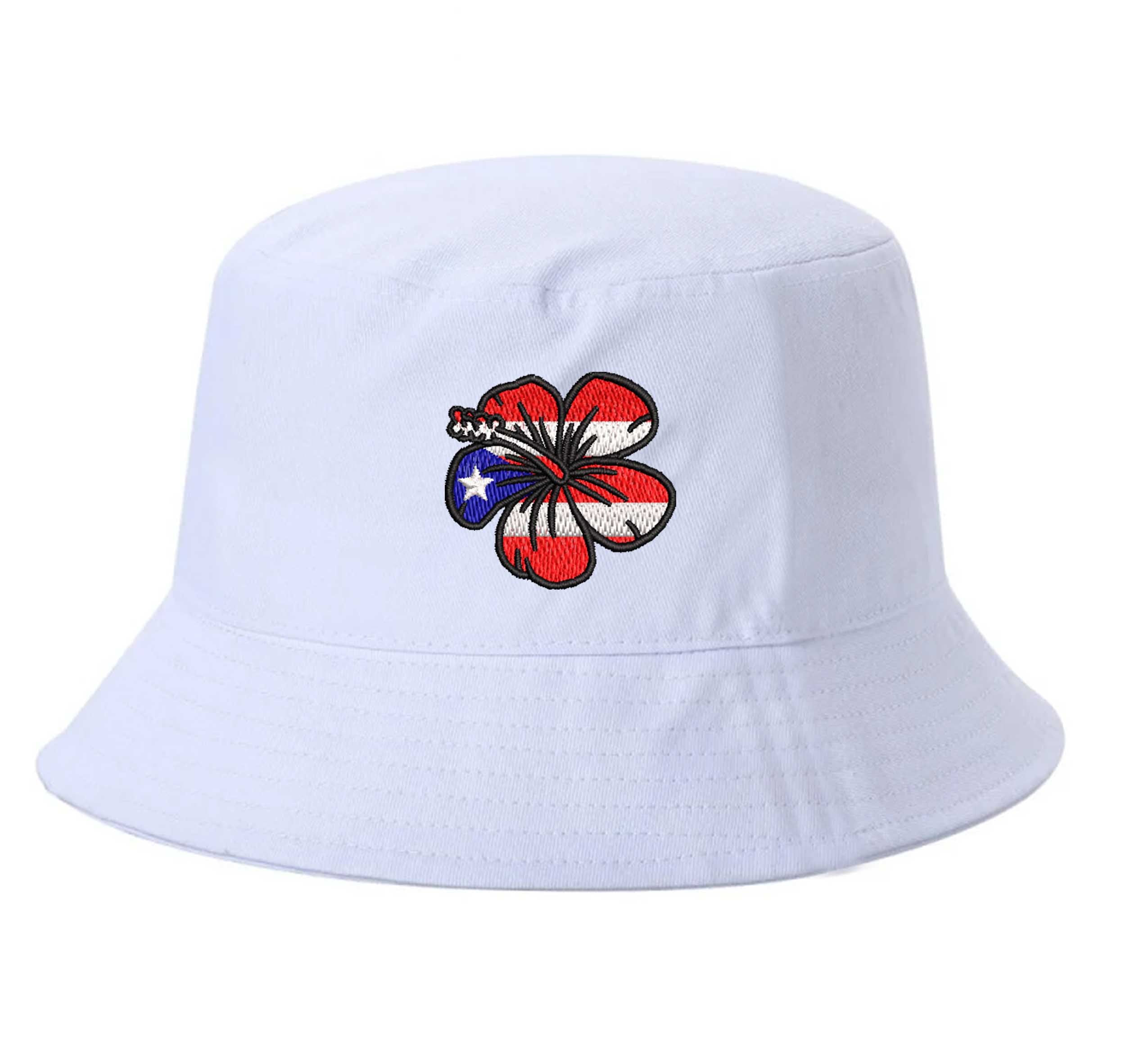White DSY Lifestyle bucket hat with a detailed embroidered red Amapola (Hibiscus) flower centered on the front. - DSY Lifestyle