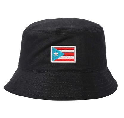 Black DSY Lifestyle bucket hat with a detailed embroidered Puerto Rican flag in the historic light blue and white colorway centered on the front. - DSY Lifestyle
