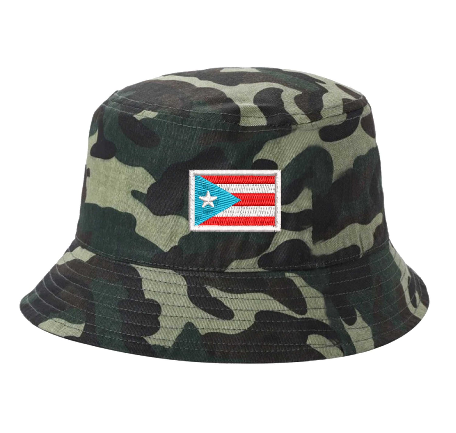 Camo DSY Lifestyle bucket hat with a detailed embroidered Puerto Rican flag in the historic light blue and white colorway centered on the front. - DSY Lifestyle