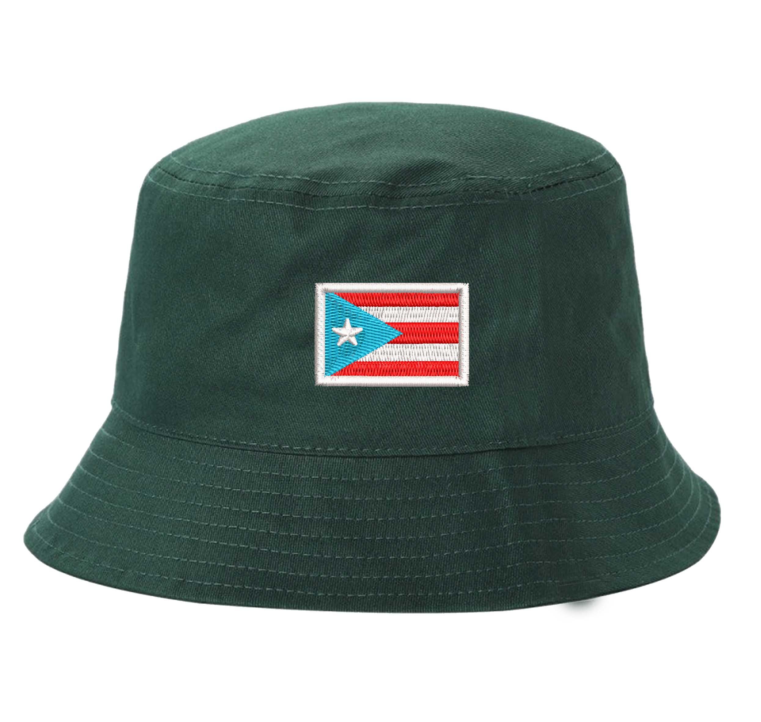 Forest Green DSY Lifestyle bucket hat with a detailed embroidered Puerto Rican flag in the historic light blue and white colorway centered on the front. - DSY Lifestyle