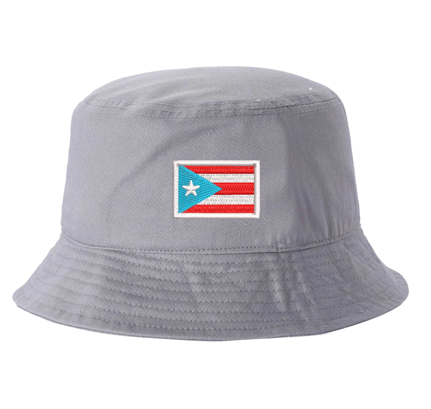 Gray DSY Lifestyle bucket hat with a detailed embroidered Puerto Rican flag in the historic light blue and white colorway centered on the front. - DSY Lifestyle