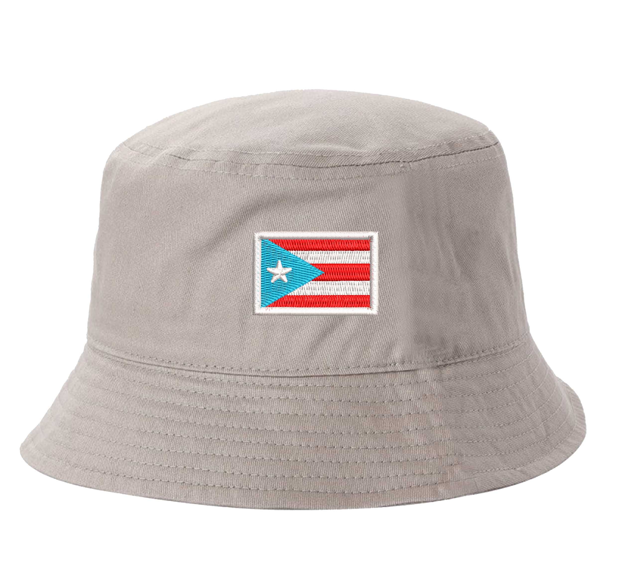 Khaki DSY Lifestyle bucket hat with a detailed embroidered Puerto Rican flag in the historic light blue and white colorway centered on the front. - DSY Lifestyle