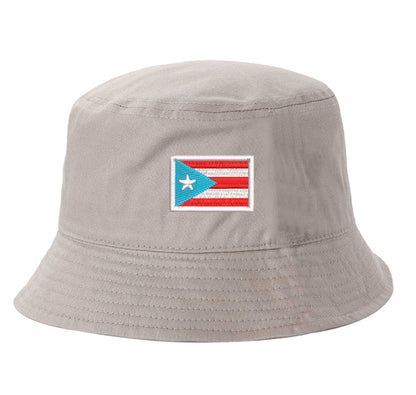 Khaki DSY Lifestyle bucket hat with a detailed embroidered Puerto Rican flag in the historic light blue and white colorway centered on the front. - DSY Lifestyle