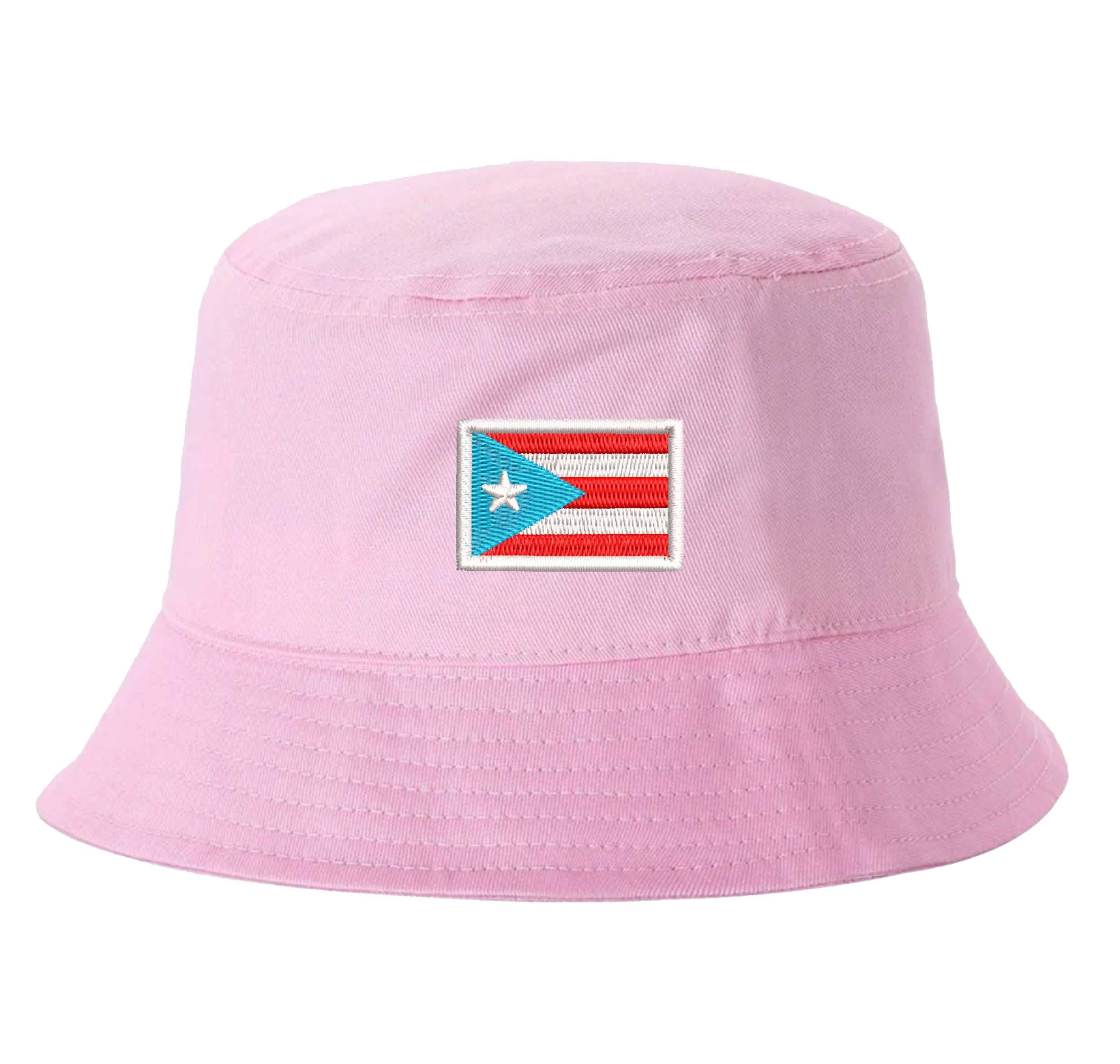Light Pink DSY Lifestyle bucket hat with a detailed embroidered Puerto Rican flag in the historic light blue and white colorway centered on the front. - DSY Lifestyle