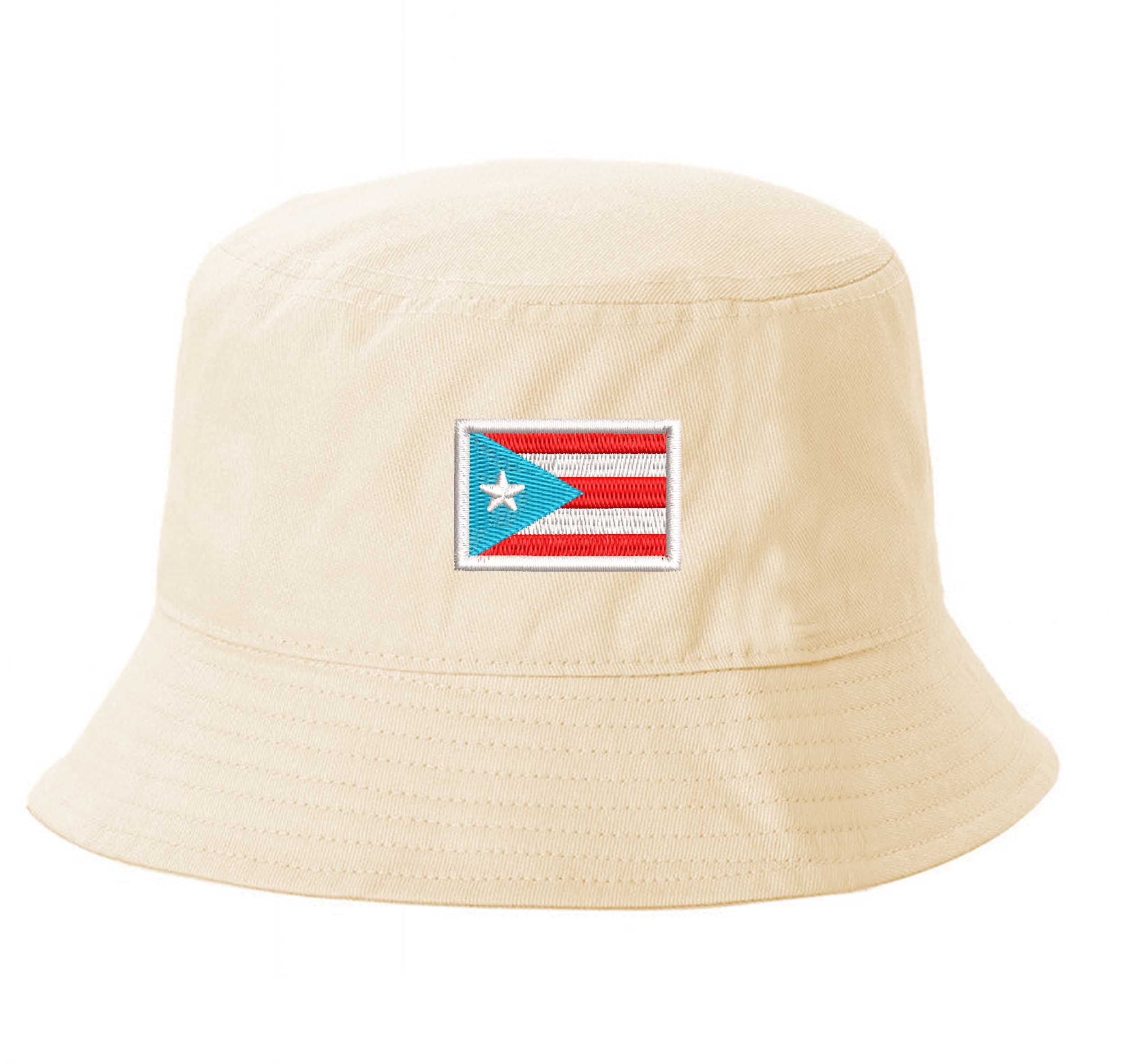 Stone DSY Lifestyle bucket hat with a detailed embroidered Puerto Rican flag in the historic light blue and white colorway centered on the front. - DSY Lifestyle