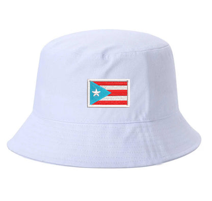 White DSY Lifestyle bucket hat with a detailed embroidered Puerto Rican flag in the historic light blue and white colorway centered on the front. - DSY Lifestyle
